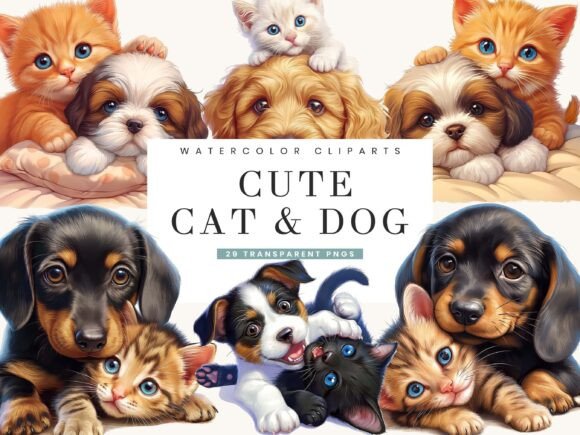 Download Watercolor Cute Cat Dog Clipart Bundle - Cat dog clipart Collection
