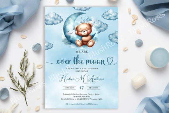 Download Teddy Bear Sleeping over the Moon Invite - Teddy bear sleeping Collection